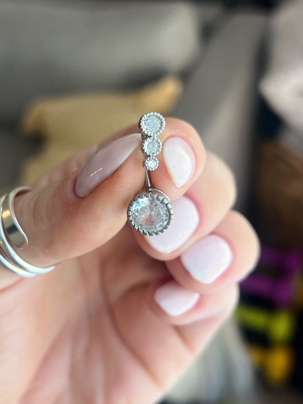 Elegant Silver Drop Pendant Belly Naval Ring with Clear Crystal Accent